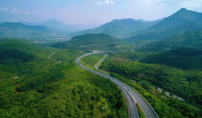Fototapeta premium A highway in the middle of a green forest, beautiful scenic view, relaxing, created with AI