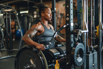 Fototapeta na wymiar A woman in a gym is using a weight machine
