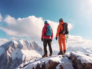 Two climbers with backpacks stand on the top of a snow-capped mountain. Bright colourful photo.