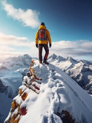 A man climber with backpack stand on the top of a snow-capped mountain. Bright colourful photo.