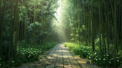 Serene Path through a 3D Bamboo Forest for Walking Meditation Apps.