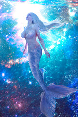 Beautiful blonde mermaid girl swims underwater with a long mermaid tail surrounded by stars