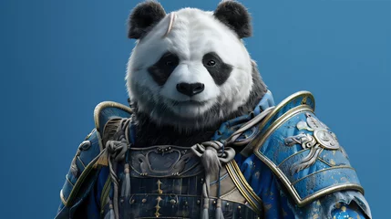 Poster panda wearing a knight outfit from china on a blue background. © Syukra