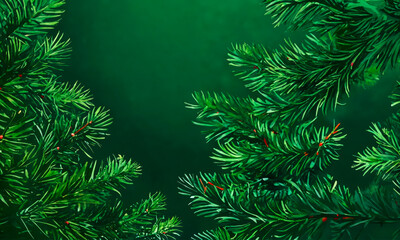 Fototapeta na wymiar Lush evergreen branches with hints of red, ideal for festive decorations, nature blogs, and seasonal projects focused on winter or Christmas themes. 