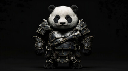 panda wearing a knight outfit from china on a black background.