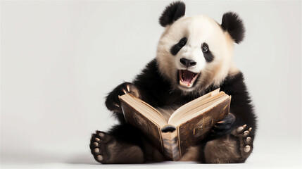 panda reading a book while laughing, silly face on white background.