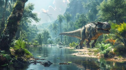 Prehistoric Landscape with Dinosaurs for Educational Apps. - obrazy, fototapety, plakaty