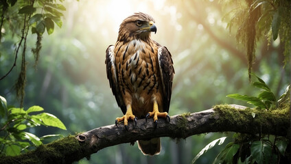 Hawk setting on a branch of a tree in jungle 