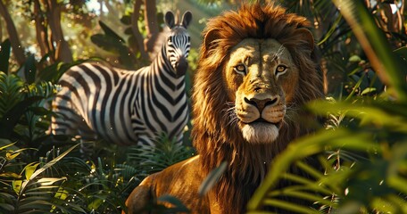 realistic, create a Lion in the jungle ,behind him is a Zebra waiting ,cinematic shot with Arri...