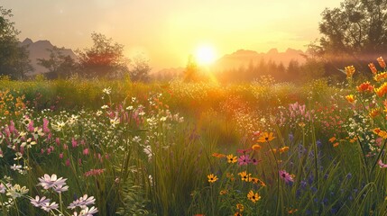 Serene Sunrise in a 3D Wildflower Meadow.