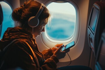 Woman in headphones using smartphone during an airplane journey, with window view of sky.