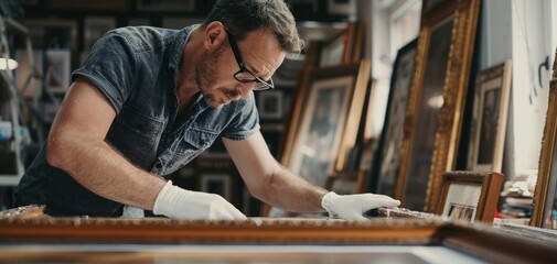 Skilled Framer Attentively Works in Art Workshop.