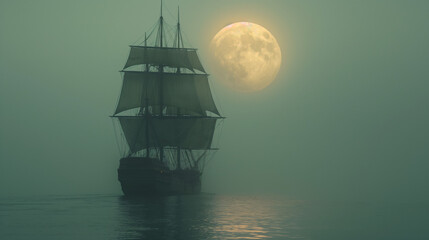 Midnight Sail under the Full Moon - obrazy, fototapety, plakaty