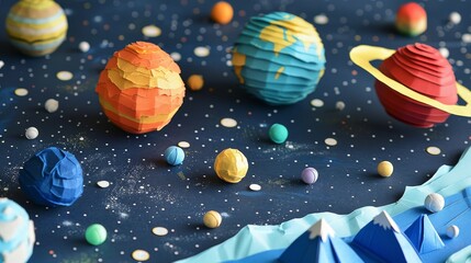 Colorful Paper Model of Solar System with Textured Craters and Mountains.