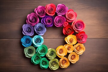 Multicolor rose floral wreath made from paper craft isolated on a simple background, aerial view. Generative AI.