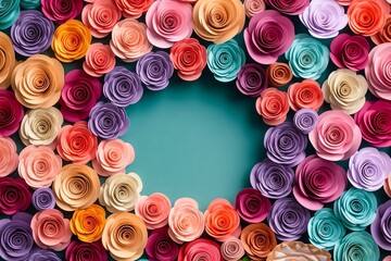 Multicolor rose floral wreath made from paper craft isolated on a simple background, aerial view. Generative AI.