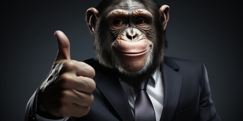 portrait of a monkey in business suit with thump up, in the style of photobashing сreated with Generative Ai