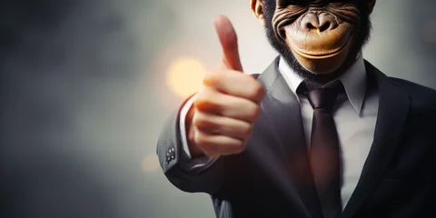 Rucksack portrait of a monkey in business suit with thump up, in the style of photobashing сreated with Generative Ai © Andrii Yablonskyi