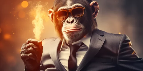 Draagtas portrait of a monkey in business suit with thump up, in the style of photobashing сreated with Generative Ai © Andrii Yablonskyi