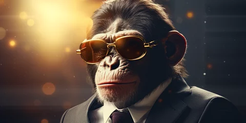 Zelfklevend Fotobehang portrait of a monkey in business suit with thump up, in the style of photobashing сreated with Generative Ai © Andrii Yablonskyi