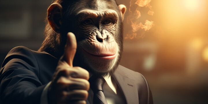 portrait of a monkey in business suit with thump up, in the style of photobashing сreated with Generative Ai