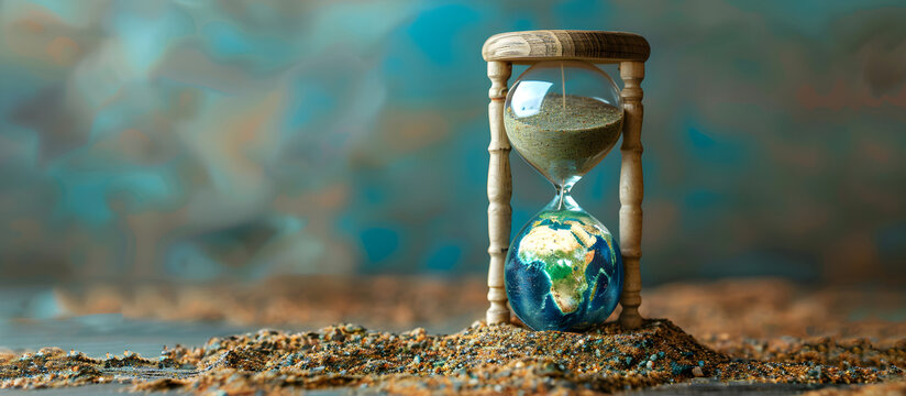 A symbolic image of earth overshoot day represented by a sand clock with the earth, conveying the urgency of global ecological crisis.