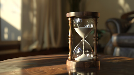 Hourglass on table in room, closeup.  - obrazy, fototapety, plakaty