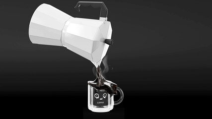 A cup of coffee with tired eyes drawn and the words "I need coffee", Rendering 3d, Illustration 3d