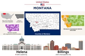 Montana counties map and congressional districts since 2023 map. Helena (state's capital city) and Billings (state's most populous city) skylines. Vector set - 778204510