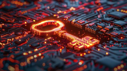 An emblem showcasing a key made of digital circuits unlocking a door to the universe illustrating the unlocking of secure cosmic scale potentials