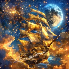 An illustration of a mythical golden ship sailing through star filled skies towards a luminous moon its sails catching the cosmic winds