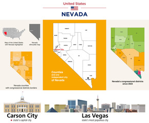 Nevada counties map and congressional districts since 2023 map. Carson City (state's capital city) and Las Vegas (state's most populous city) skylines. Vector set