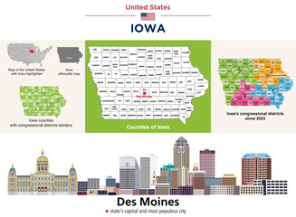Iowa counties map and congressional districts since 2023 map. Des Moines skyline (state's capital and most populous city). Vector set