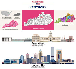 Kentucky counties map and congressional districts since 2023 map. Frankfort (state's capital city) and Louisville (state's most populous city) skylines. Vector set - 778204560