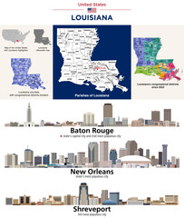 Louisiana parishes map and congressional districts since 2023 map. Skylines of Baton Rouge (state's capital), New Orleans and Shreveport. Vector set