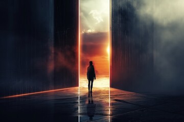 A silhouette remains at the threshold of a glowing portal overlooking a vivid sunset horizon, symbolizing hope, transition, and future. - obrazy, fototapety, plakaty