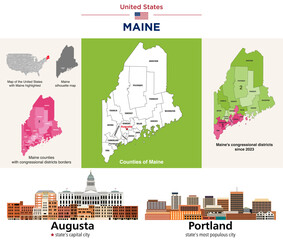 Maine counties map and congressional districts since 2023 map. Augusta (state's capital city) and Portland (state's most populous city) skylines. Vector set - 778204576