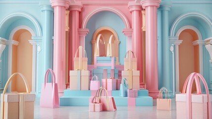 This image depicts a celebratory 3D sale podium scene featuring a collection of decorative gift boxes and pastel shopping bags in a visually appealing arrangement The scene creates a perfect shopping