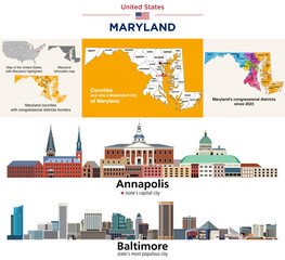Maryland counties map and congressional districts since 2023 map. Annapolis (state's capital city) and Baltimore (state's most populous city) skylines. Vector set - 778204596