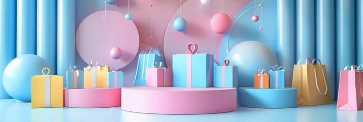 This dynamic 3D showcases a visually striking sales stage with a round podium design,enhanced by a variety of pastel-colored gift boxes and shopping bags The festive and colorful arrangement creates - obrazy, fototapety, plakaty