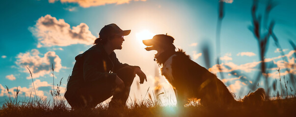 Silhouetted Person with Dog Enjoying Sunset in Nature