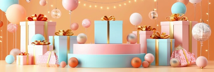 A captivating 3D scene showcasing a sophisticated product presentation setup A round podium serves as the centerpiece,adorned with decorative elements in pastel hues Elegant gift boxes and luxurious