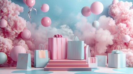 This image depicts a captivating 3D scene with a softly lit podium,surrounded by a collection of pastel-colored gift boxes and trendy shopping bags The dreamy,cloud-like environment creates a