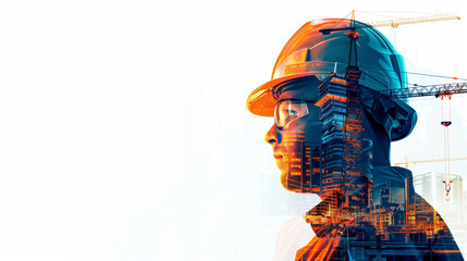 illustration digital building construction engineering with double exposure graphic design. Building engineers, architect people or construction workers working with modern civil equipment technology