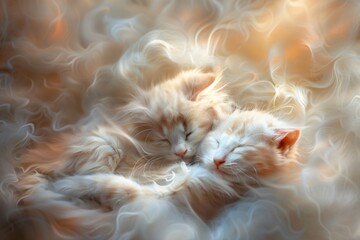 Cats in a gentle embrace surrounded by a dreamy pastel cloud their fur soft as morning mist - obrazy, fototapety, plakaty