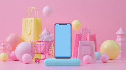This vibrant 3D depicts a whimsical,pastel-colored shopping paradise,centered around a smartphone displaying sale notifications Accompanied by a mini shopping cart and colorful shopping bags