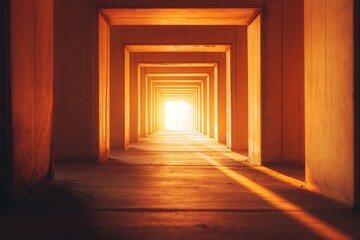 Warm sunlight illuminates a symmetrical corridor creating an infinite perspective effect.