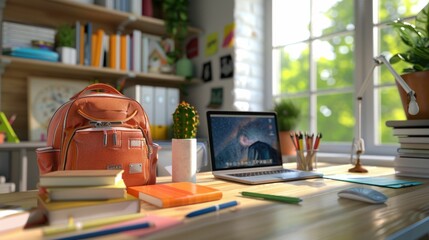 This digital 3D-rendered scene showcases a tidy and well-equipped study area The wooden desk is neatly arranged with a laptop,backpack,books,and various stationery items,creating an inviting