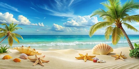 Fototapeta na wymiar Beautiful tropical beach with palm trees and seashells. AI generated