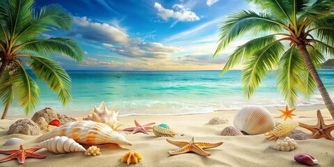 Beautiful tropical beach with palm trees and seashells. AI generated